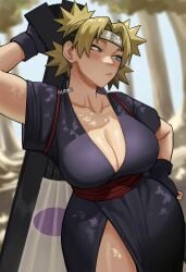 1girls big_breasts blonde_hair blush breasts cleavage curvy female female_focus female_only fingerless_gloves gloves green_eyes gud0c hand_fan hand_on_own_hip headband highres kimono large_breasts naruto naruto_(series) naruto_shippuden no_bra paper_fan short_hair solo temari thick_thighs thighs wide_hips