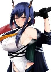 1girls arknights armpits bare_armpits bare_shoulders big_breasts black_gloves black_shorts blue_hair blush breasts ch'en_(arknights) covered_erect_nipples dark_blue_hair dragon_horns english_commentary eyebrows_visible_through_hair eyelashes_visible_through_hair female female_only gloves hair_between_eyes highres holding holding_object holding_sword holding_weapon horns huge_breasts jacket large_breasts long_hair long_hair_female looking_to_the_side low_tied_hair low_twintails multiple_straps navel nipple_bulge off_shoulder parted_lips red_eyes red_eyes_female short_shorts shorts sideboob simple_background solo_female sweat sweater sweating sweaty sweaty_armpit sweaty_armpits sweaty_face sword sword_behind_back sword_over_shoulder twintails weapon weapon_on_shoulder weapon_over_shoulder weapons white_background woman xtermination yellow_neckwear