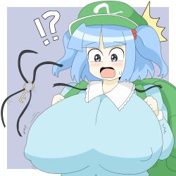 !? 1girls backpack big_breasts blue_eyes blue_hair blush breasts female hat huge_breasts light-skinned_female light_skin nipple_bulge nitori_kawashiro open_mouth purple_background sodawee solo solo_female suprised sweatdrop touhou twin_braids white_background