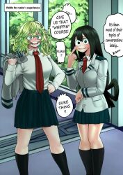 1boy 2girls amano44 green_eyes imminent_sex izuku_midoriya my_hero_academia requested_sex requesting school_uniform schoolgirl tooru_hagakure tooru_hagakure_(visible) tsuyu_asui