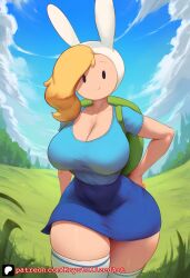 1girls adventure_time adventure_time:_fionna_&_cake ai_generated backpack blonde_hair blue_shirt blue_skirt blue_topwear bunny_ears cleavage clothed dot_eyes field fionna_the_human_girl grass grass_field hand_on_hip huge_breasts human krystalizedart long_socks outdoors outside pinup rabbit_ears short_skirt sky smile thick_thighs thighhighs thin_waist tight_clothes tight_clothing tight_fit upper_body white_hat wide_hips