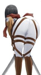 absurdres ass ass_focus attack_on_titan belt bent_over black_hair boots commentary_request dual_wielding emblem female from_behind highres holding jacket lower_body mikasa_ackerman momaetoto paradis_military_uniform red_scarf scarf shingeki_no_kyojin simple_background solo survey_corps_(emblem) sword thigh_strap thighs weapon white_background