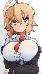 1girls ahoge arm_under_breasts blazblue blonde_hair blue_eyes breasts clothed clothing collared_shirt es_(xblaze) huge_breasts long_sleeves necktie petticoat red_tie short_hair simple_background solo solo_focus spy_artservice underbust white_shirt xblaze