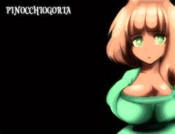 2020s 2023 2d a.v.dossow big_breasts black_background brown_skin english_text expressionless female game green_dress green_eyes horror looking_at_viewer mia_(pinocchiogoria) pinocchiogoria rpg_maker tagme text white_text