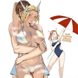 1boy 2girls arm_up armpits beach_umbrella bikini blonde_hair breasts brown_hair cameltoe english_text final_fantasy final_fantasy_xiv finger_to_mouth hair_ornament hug hug_from_behind hyur jamjam jamjamstyle kan-e-senna large_breasts multiple_girls one-piece_swimsuit padjal raya-o-senna simple_background smile steaming_body straight sweat swimsuit umbrella warrior_of_light_(ff14) white_background white_bikini