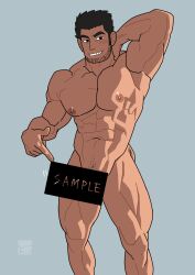 1boy arm_behind_head bar_censor bara beard_stubble black_hair censored completely_nude erection feet_out_of_frame heavily_censored highres large_pectorals light_blush lucas_lee male_focus male_only monmonhomon muscular muscular_male nude paid_reward_available pectorals penis pointing_at_penis sample_watermark scott_pilgrim scott_pilgrim_takes_off seductive_smile short_hair smile smirk solo sparse_stubble standing text_censor thick_eyebrows twitching_penis watermark