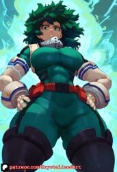 1girls action_pose ai_generated angry belt belt_buckle collar female female_deku female_only freckles freckles_on_face from_below frown fully_clothed gender_transformation genderswap_(mtf) gloves green_clothing green_eyes green_hair hands_on_hips izuku_midoriya krystalizedart large_breasts lightning long_hair looking_at_viewer looking_down magic messy_hair my_hero_academia rule_63 solo solo_female solo_focus superheroine thick_ass thick_thighs thin_waist tight_clothing