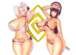 2girls areolae arms_behind_head ass big_ass big_breasts big_thighs bikini blush breasts busty cleavage cum cum_on_belly cum_on_body cum_on_breasts female female_only genshin_impact gigantic_breasts heart-shaped_pupils huge_ass huge_breasts huge_thighs koikatsu large_ass large_breasts large_thighs massive_breasts micro_bikini navel noelle_(genshin_impact) pubic_hair pubic_tattoo smile swimsuit taf4mad tattoo thick_thighs thighs voluptuous yun_jin_(genshin_impact)