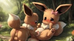 1boy 1girls 2_tails ai_generated anus ass balls blush blush_lines bow_ribbon brown_body brown_fur canine_pussy clitoris cream_fur eevee feral feral_on_feral feral_only fisting fluffy_tail forest_background furry generation_1_pokemon looking_at_another looking_at_partner multi_tail neck_fluff on_back on_grass pawpads paws pokémon_(species) pokemon pokemon_(species) pokemon_rgby pussy pussy_juice questionable_consent smile smiling tail unknown_artist vaginal_fisting vaginal_penetration worried worried_expression worried_face worried_look