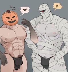 2boys bara bara_tits barazoku bulge gay halloween holidays jack-o'-lantern jack_o'_lantern loincloth male male/male male_focus male_nipples male_only manly mummy muscular_male nipples pumpkin pumpkin_head pumpkin_head_(character) schlindwein solo_male yaoi