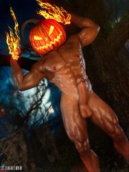 1boy 2022 3d balls bara bara_tits barazoku big_balls big_penis completely_nude erection flexing_bicep gay hairy_male halloween hard_on holidays jack-o'-lantern jack_o'_lantern male male_focus male_nipples male_only manly muscular_male nipples nude penis pumpkin pumpkin_head pumpkin_head_(character) solo solo_male yaoi