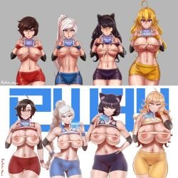 2koma 4girls aestheticc-meme age_progression art_progression barely_covered big_breasts blake_belladonna breasts clothing female female_focus female_only full_color gym_uniform huge_breasts large_breasts measuring measuring_breasts measuring_tape multiple_girls rooster_teeth ruby_rose rwby shorts small_breasts sportswear take_your_pick team_rwby teen teenage_girl teenager text weiss_schnee white_hair yang_xiao_long young