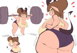 annoyed big_ass big_breasts brown_hair bulletcap_ demon green_eyes gremlin gym heavy_breasts horns huge_ass huge_breasts oc original_character shortstack sweat sweaty sweaty_body tail thick_ass thick_thighs weightlifting