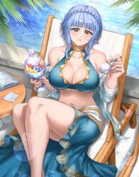 1girls alternate_costume beach_chair blue_bikini blue_hair blue_swimsuit braid breasts brown_eyes burnt_green_tea chair cleavage eating female female_only fire_emblem fire_emblem:_three_houses fire_emblem_heroes food from_above grin ice_cream large_breasts light_blue_hair looking_at_viewer looking_up marianne_von_edmund nintendo official_alternate_costume sarong short_hair sitting smile solo