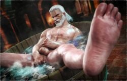 3d barefoot bathtime bright_eyes cd_projekt_red f0-star fingering fingering_self geralt_of_rivia light-skinned_male light_skin male male_focus male_only scar_on_face scars_all_over smirk solo stroking_cock the_witcher_(series) white_hair