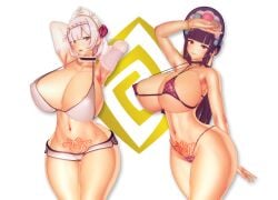 2girls areolae arms_behind_head ass big_ass big_breasts big_thighs bikini breasts busty cleavage female female_only genshin_impact gigantic_breasts huge_ass huge_breasts huge_thighs koikatsu large_ass large_breasts large_thighs massive_breasts micro_bikini navel noelle_(genshin_impact) pubic_hair pubic_tattoo swimsuit taf4mad tattoo thick_thighs thighs voluptuous yun_jin_(genshin_impact)