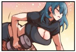 1girls bare_arms bare_midriff bent_over breasts byleth_(fire_emblem) byleth_(fire_emblem)_(female) cleavage_cutout clenched_teeth closed_eyes female female_only fire_emblem fire_emblem:_three_houses large_breasts leggings medium_hair midriff minacream nintendo pantyhose shirt short_sleeves shorts solo teal_hair training weightlifting weights