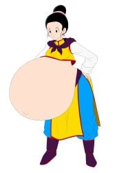 1girls angry angry_face annoyed asian asian_female belly belly_bulge big_belly big_belly_bulge black_eyes black_hair chichi chinese_clothes dragon_ball dragon_ball_z earrings exposed_belly female hairbun heavily_pregnant looking_down pink_earrings pink_hairband pregnant saburox white_background