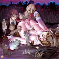 blonde_hair blue_eyes breasts cemetery clothes crying cunnilingus double_penetration forced graveyard hand hands huge_tongue licking long_hair lying monster oral penetration penis rape reverse_forced_oral tears tentacle torn_clothes zombie