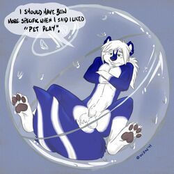 aggrobadger anthro balls english_text hamster_ball male male_only nude plain_background sheath skunk solo text