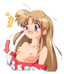 arc_the_lad arc_the_lad_ii blonde_hair blue_eyes blush breasts dress exposure female lieza long_hair nipples open_mouth shirt_pull small_breasts solo upset wardrobe_malfunction zipang