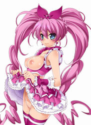 1girls blue_eyes breasts breasts_out clothing cure_melody earrings female houjou_hibiki jewelry katsuma_rei long_hair magical_girl medium_breasts nipples no_bra no_panties pink_hair precure pretty_cure pussy simple_background skirt skirt_lift solo stockings suite_precure thighhighs tied_hair twintails uncensored