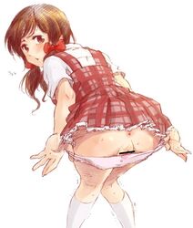 alternate_costume anus ass axis_powers_hetalia bent_over blush brown_eyes brown_hair censored dress embarrassed female from_behind hair_ribbon jumper kneehighs knees_touching looking_back miniskirt moge-hera panties panty_pull partially_visible_vulva petticoat pink_panties plaid presenting pussy ribbon school_uniform seychelles_(hetalia) short_dress simple_background sketch skirt solo sweat tartan tear tied_hair trembling twintails underwear white_legwear