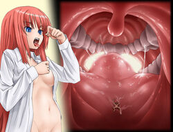 blue_eyes female giantess mia_(shrink_high) miniboy open_mouth red_hair rpg shrink_academy shrink_high shrinking shrunk teeth tongue vore