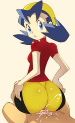 ass bike_shorts blue_eyes bushizo buttjob clothed_female_nude_male cum female grinding hips huge_ass human kris_(pokemon) large_ass looking_back male outercourse pokemon pokemon_gsc straight uncensored wide_hips