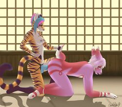 anal anthro cabbit colormeviolet dildo doggy_style dojo domination eden_(colormeviolet) feline female femdom from_behind fur furry girly hair hybrid khanken lagomorph lube male multicolored_hair pegging pink_fur rabbit sex_toy strap-on tiger