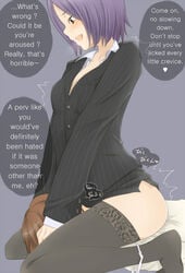 1boy 1girls ass cowgirl_position cunnilingus english_text facesitting female_focus female_rapist girl_on_top kiiroi_tamago male_rape_victim male_victim malesub oral panties_around_one_leg purple_hair rape side_view speech_bubble stockings straight text thighhighs translated