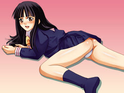 aoyama_motoko ass black_hair blush breasts footwear gold_eyes kneehighs large_breasts long_hair love_hina lying lying_down nipples on_floor open_mouth panties pointy_chin school_uniform schoolgirl socks spread_legs underwear yellow_eyes