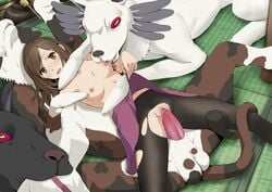 blush breasts brown_eyes brown_hair censored dress feline from_the_new_world highres licking long_hair lying meiouseijin mosaic_censoring nipples pantyhose penis pussy saki_watanabe saliva sex shinsekai_yori skirt small_breasts testicles tongue tongue_out torn_clothes torn_pantyhose trickster_cat vaginal_penetration zoophilia