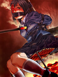 bondage brown_eyes brown_hair burning female female_focus fire guro pizza_man school_uniform short_hair skirt solo_focus torture