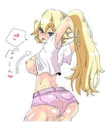 armpits arms_up ass blush breasts denim denim_shorts jeans kerger360 large_breasts mario_(series) naughty_face nintendo nipple nipples open_clothes princess_peach shorts smile