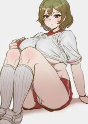 arm_support barely_visible_pussy blush bow999 character_request expressionless gym_uniform huge_breasts knees_up olive_hair panties plump sitting sneakers socks sports_uniform thick thick_thighs underboob wide_hips