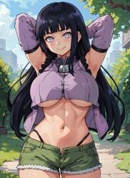 1girls ai_generated armpits arms_behind_head arms_up bangs big_breasts black_hair blush byakugan grey_eyes hi_res highleg highleg_panties hime_cut hyuuga_hinata large_breasts mabi_ai midriff naruto naruto_(series) navel open_shorts shorts thick_thighs underboob wide_hips