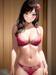 1girls ai_generated ai_mirror belly_button blush brown_eyes brown_hair curtains flower_in_hair lingerie long_hair looking_at_viewer pink_bra pink_panties pink_underwear small_breasts smile white_skin