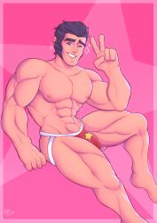 black_hair brawl_stars bulge colt_(brawl_stars) gay jam_dough jockstrap_only male_only muscular_male peace_sign pink_background scar sparkles wink