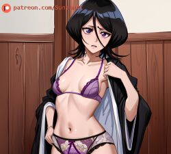 1girls ai_generated belly_button black_hair bleach bleach:_the_thousand-year_blood_war bra female kuchiki_rukia lingerie looking_at_viewer navel panties patreon purple_eyes purple_underwear small_breasts solo sunsunai underwear