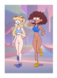 2girls amphibia anne_boonchuy blonde_hair bottomless bottomless_female casual dark-skinned_female dark_skin drawsoyeah female footwear human jogging multiple_girls naked nude pale_skin public pussy running running_shoes sportswear star_butterfly star_vs_the_forces_of_evil tank_top thighs vagina vulva water_bottle