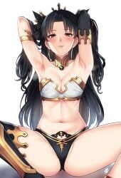 anklet armlet armpit_crease armpits asymmetrical_legwear bare_shoulders black_hair blush breasts bridal_gauntlets clitoris crown detached_collar earrings elbow_gloves fate/grand_order fate_(series) gloves gold_trim groin hair_ribbon highres hoop_earrings ishtar_(fate) jewelry long_hair looking_at_viewer medium_breasts navel neck_ring parted_bangs red_eyes ribbon simple_background single_elbow_glove single_thighhigh sitting smile solo stomach thighhighs two_side_up uneven_legwear white_background xtermination