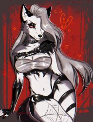 2023 anthro beach big_breasts breast_squish breasts canid canid_demon canine canis clothed clothing collar demon digital_media_(artwork) eyeliner female fur goth grey_body grey_fur hair harness hellhound helluva_boss hi_res long_hair looking_at_viewer loona_(helluva_boss) lunella makeup mammal outside seaside simple_background squish white_body white_fur wolf