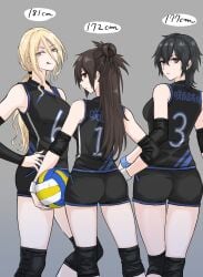 3girls ambiguous_pov black_hair blonde_hair brown_hair football football_player football_uniform fuku_1028_ long_hair looking_at_viewer pov short_hair shorts tall_female tall_girl taller_female taller_girl