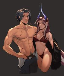 1boy 1girls bikini bite_mark clothing elf_ears hand_on_hip horns league_of_legends lipstick_mark male muscles original_character scratches talon_du_couteau