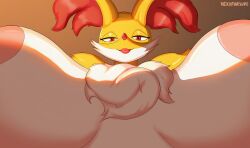 anthro areola big_ears breasts canid canine delphox female inner_ear_fluff lips looking_at_viewer plain_background pokemon pokemon_(species) red_fur solo vexyfursure white_fur