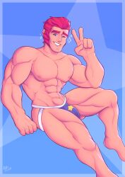 blue_background brawl_stars bulge colt_(brawl_stars) gay jam_dough jockstrap_only male_only muscular_male peace_sign scar sparkles wink