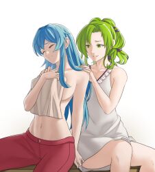 2girls bed covering_breasts eirika_(fire_emblem) fire_emblem fire_emblem:_the_sacred_stones l'arachel_(fire_emblem) nintendo pomelomelon shoulder_rub topless topless_female yuri