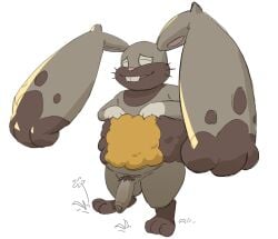 2023 3_toes anthro balls big_ears brown_body brown_fur buckteeth casual_nudity closed_eyes diggersby feet flaccid fluffy foreskin full-length_portrait fur fur_markings generation_6_pokemon genitals grass grey_body grey_ears grey_fur hand_on_chest happy humanoid_genitalia humanoid_penis lagomorph leporid loose_foreskin male mammal markings multicolored_body multicolored_fur nintendo nude open_mouth penis plant pokemon pokemon_(species) portrait pubes rabbit simple_background slightly_chubby smile solo standing teeth toes unknown_artist white_body white_fur yellow_body yellow_fur