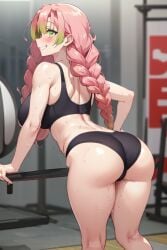 ai_generated big_ass bra braided_hair demon_slayer green_eyes gym hashira kanroji_mitsuri kimetsu_no_yaiba looking_at_viewer looking_back panties pink_and_green_hair smile solo standing two_tone_hair